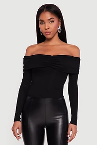 Womens Ruched Fold Over Long Sleeve Off the Shoulder Top,