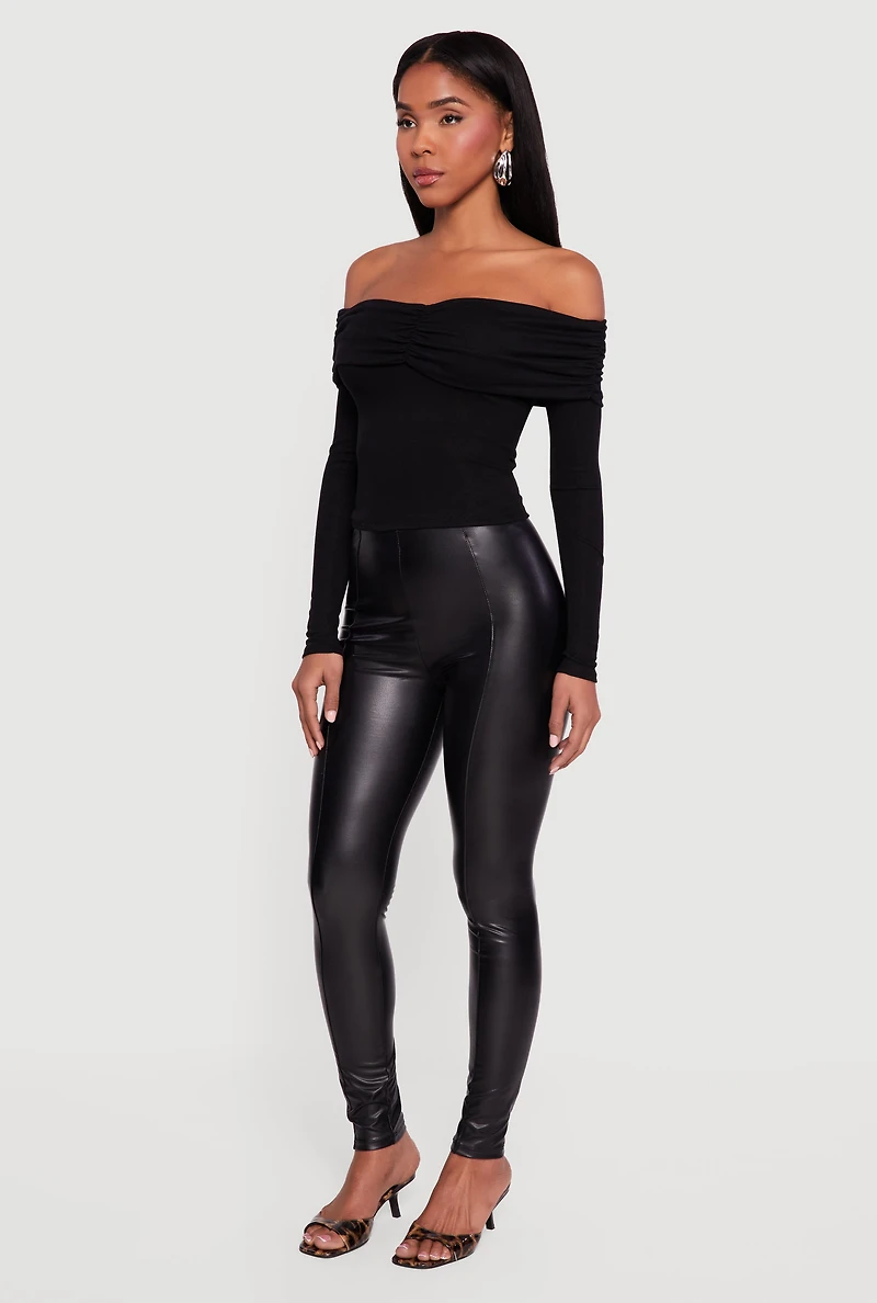 Ruched Fold Over Long Sleeve Off the Shoulder Top