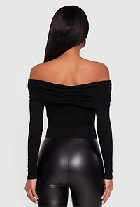 Ruched Fold Over Long Sleeve Off the Shoulder Top