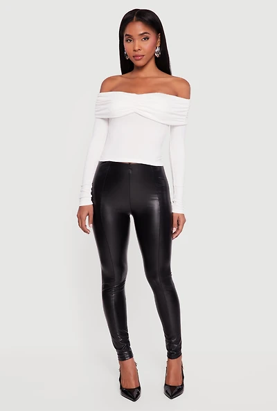 Ruched Fold Over Long Sleeve Off the Shoulder Top
