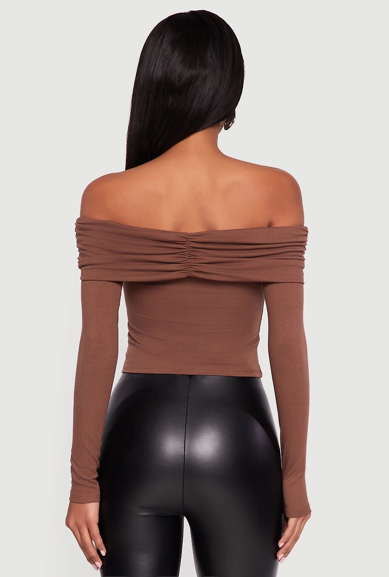 Ruched Fold Over Long Sleeve Off the Shoulder Top