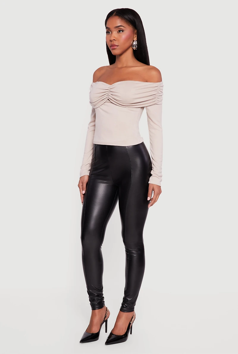 Ruched Fold Over Long Sleeve Off the Shoulder Top