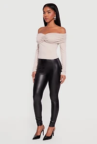 Ruched Fold Over Long Sleeve Off the Shoulder Top