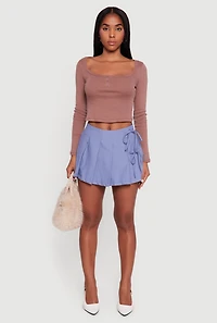 Womens Henley Long Sleeve Crop Top, Brown,