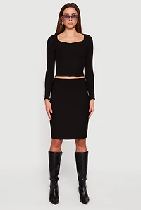 Womens Ruched Front Long Sleeve Sweetheart Crop Top, Black,