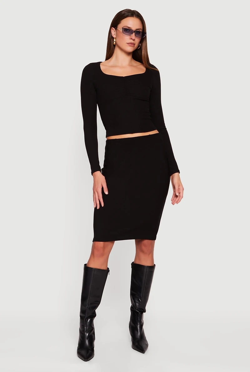 Womens Ruched Front Long Sleeve Sweetheart Crop Top, Black,