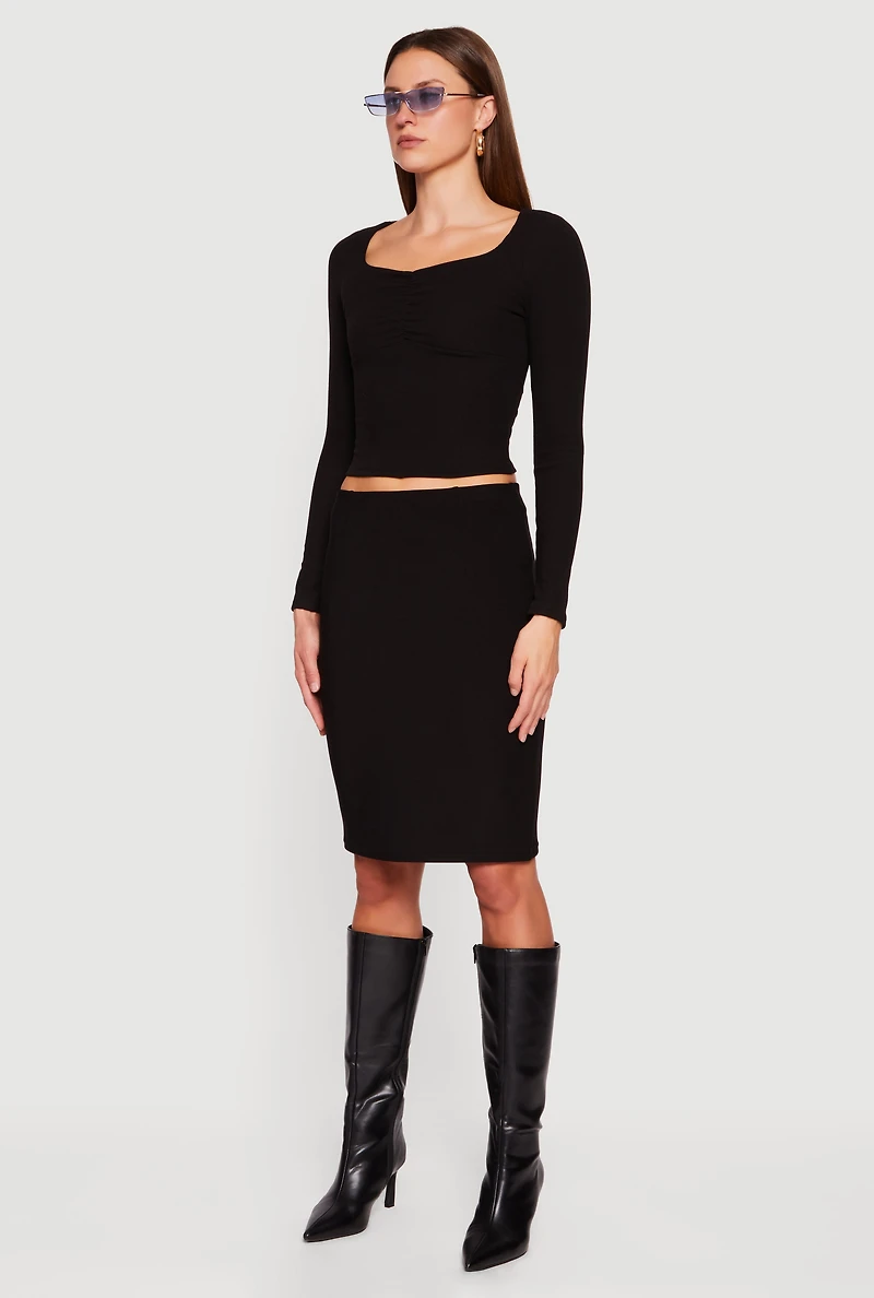 Womens Ruched Front Long Sleeve Sweetheart Crop Top, Black,