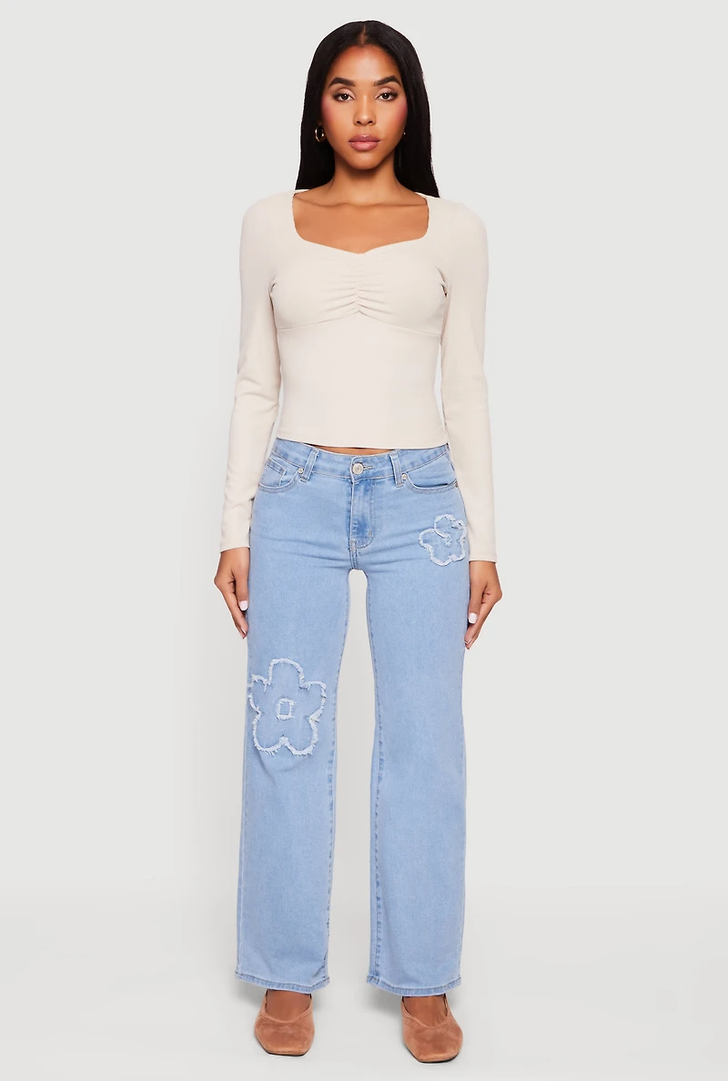 Ruched Front Long Sleeve Sweetheart Crop Top