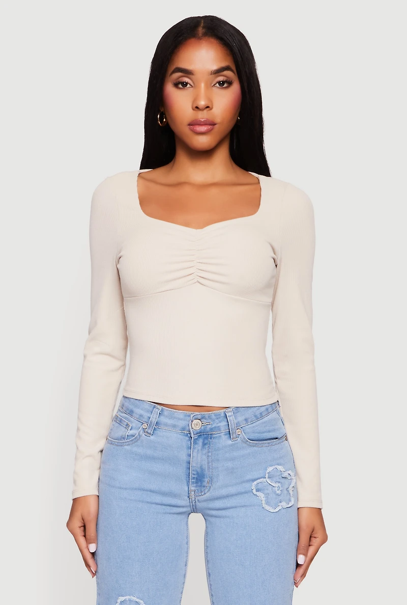 Ruched Front Long Sleeve Sweetheart Crop Top