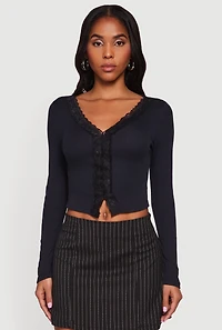 Long Sleeve Lace Trim Crop Top