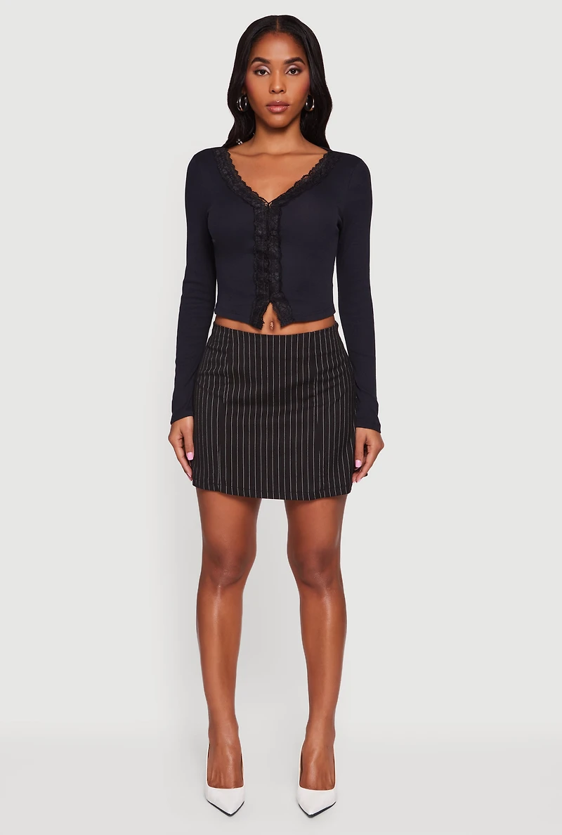 Long Sleeve Lace Trim Crop Top