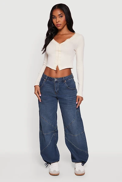 Womens Long Sleeve Lace Trim Crop Top, White, Size L