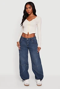 Womens Long Sleeve Lace Trim Crop Top, White, Size L