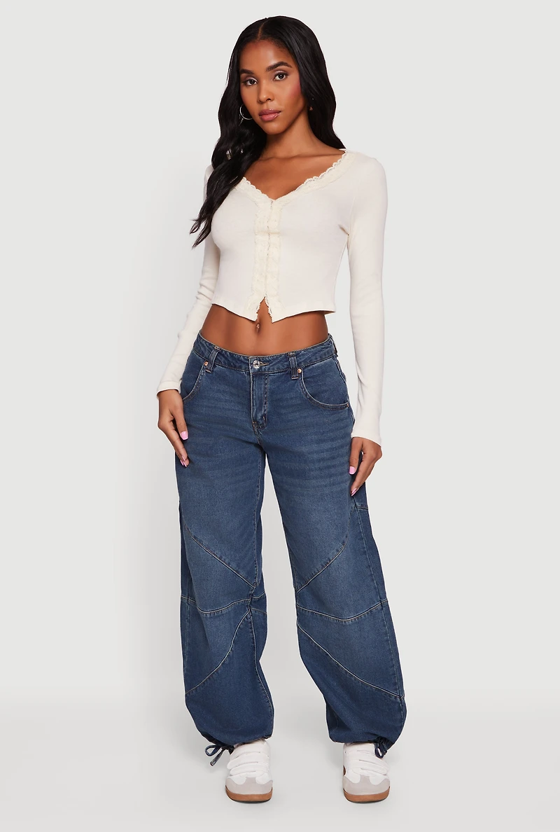 Long Sleeve Lace Trim Crop Top