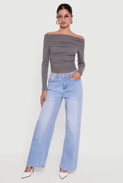 Womens Long Sleeve Off the Shoulder Side Ruched Blouse, Grey, Size S