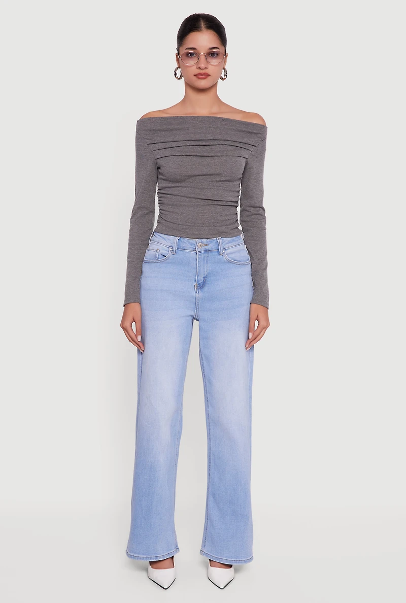 Long Sleeve Off the Shoulder Side Ruched Blouse