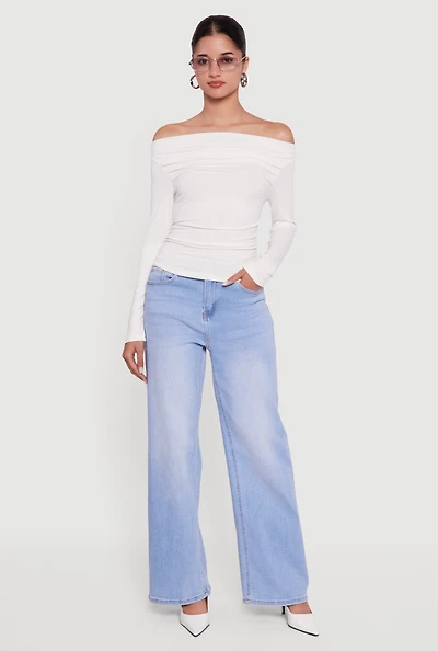 Long Sleeve Off the Shoulder Side Ruched Blouse