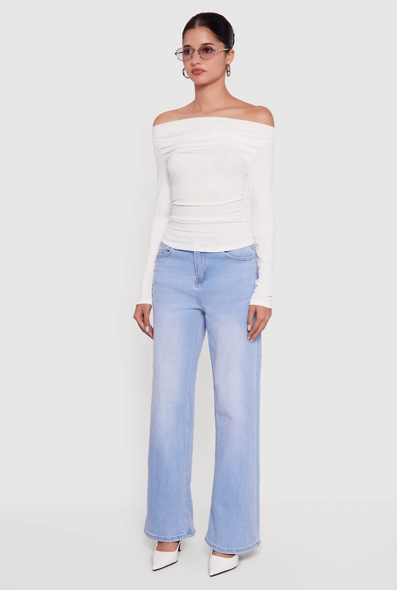 Long Sleeve Off the Shoulder Side Ruched Blouse