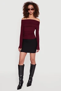 Womens Long Sleeve Off the Shoulder Side Ruched Blouse, Burgundy, Size M