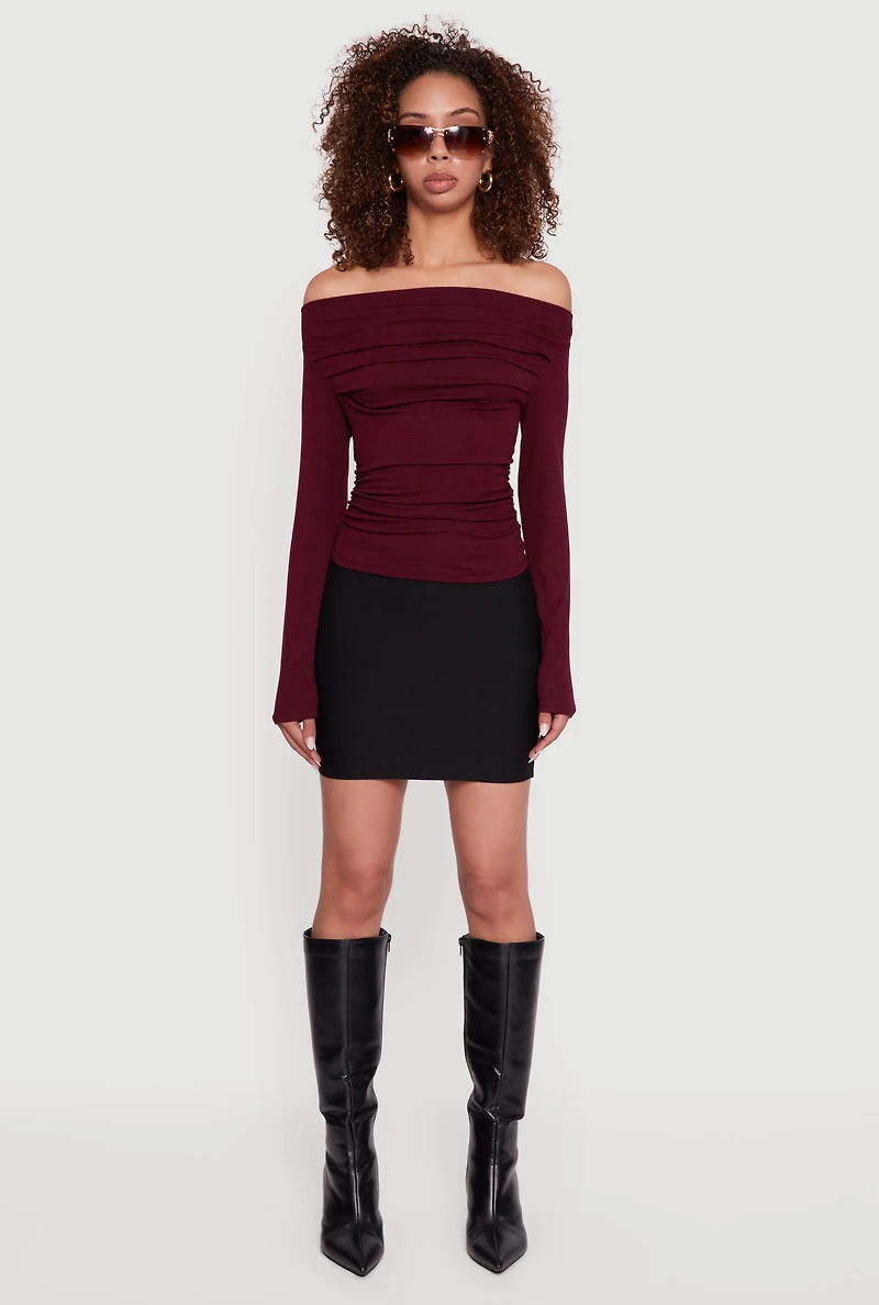 Womens Long Sleeve Off the Shoulder Side Ruched Blouse, Burgundy, Size M
