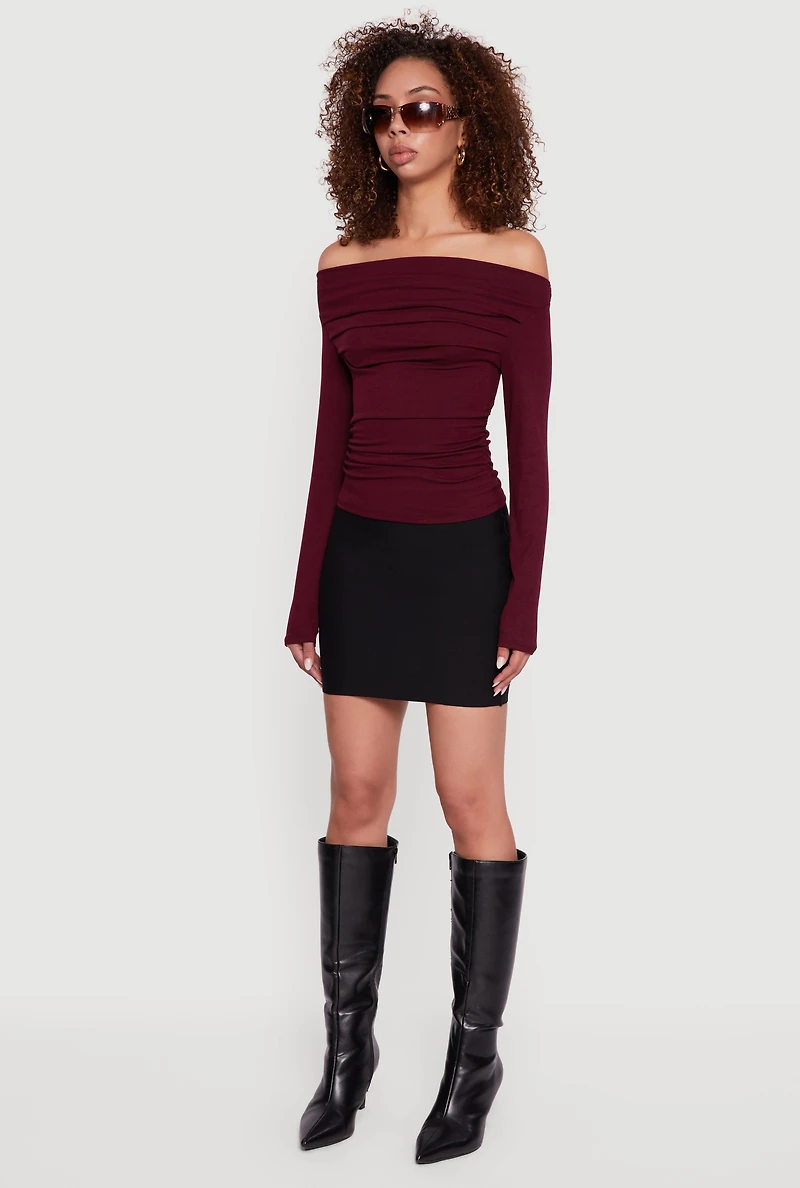 Womens Long Sleeve Off the Shoulder Side Ruched Blouse, Burgundy, Size M