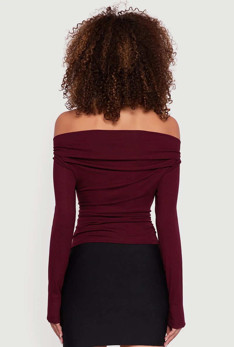 Womens Long Sleeve Off the Shoulder Side Ruched Blouse, Burgundy, Size M