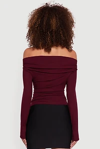 Womens Long Sleeve Off the Shoulder Side Ruched Blouse, Burgundy, Size M