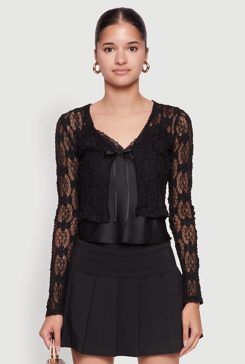 Womens Haute Monde Floral Lace Tie Front Cardigan, Black, Size M