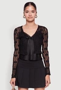 Womens Haute Monde Floral Lace Tie Front Crop Top, Black, Size M