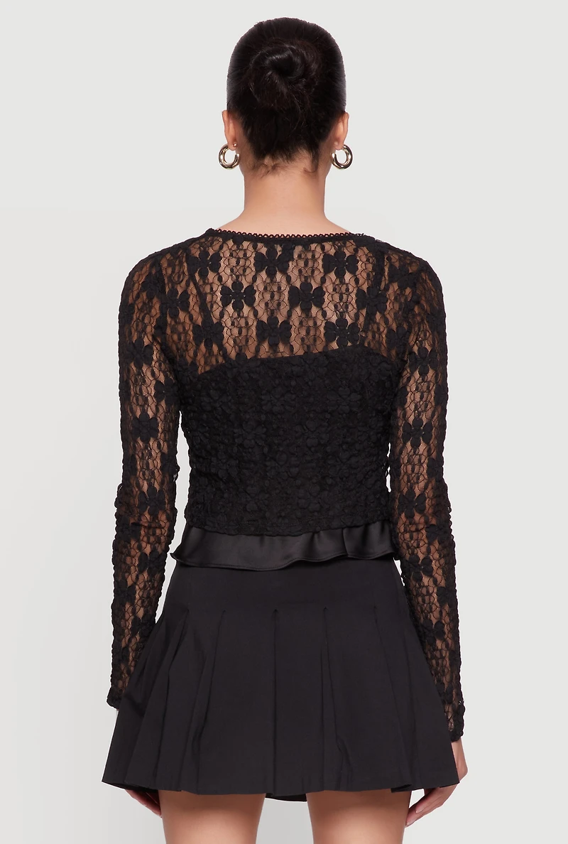 Womens Haute Monde Floral Lace Tie Front Cardigan, Black, Size M