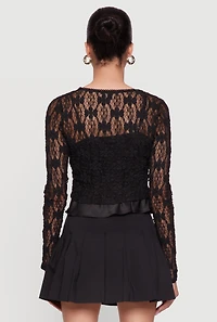 Womens Haute Monde Floral Lace Tie Front Crop Top, Black, Size M