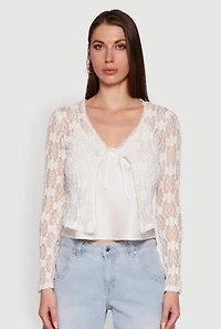 Womens Haute Monde Floral Lace Tie Front Cardigan, White, Size L
