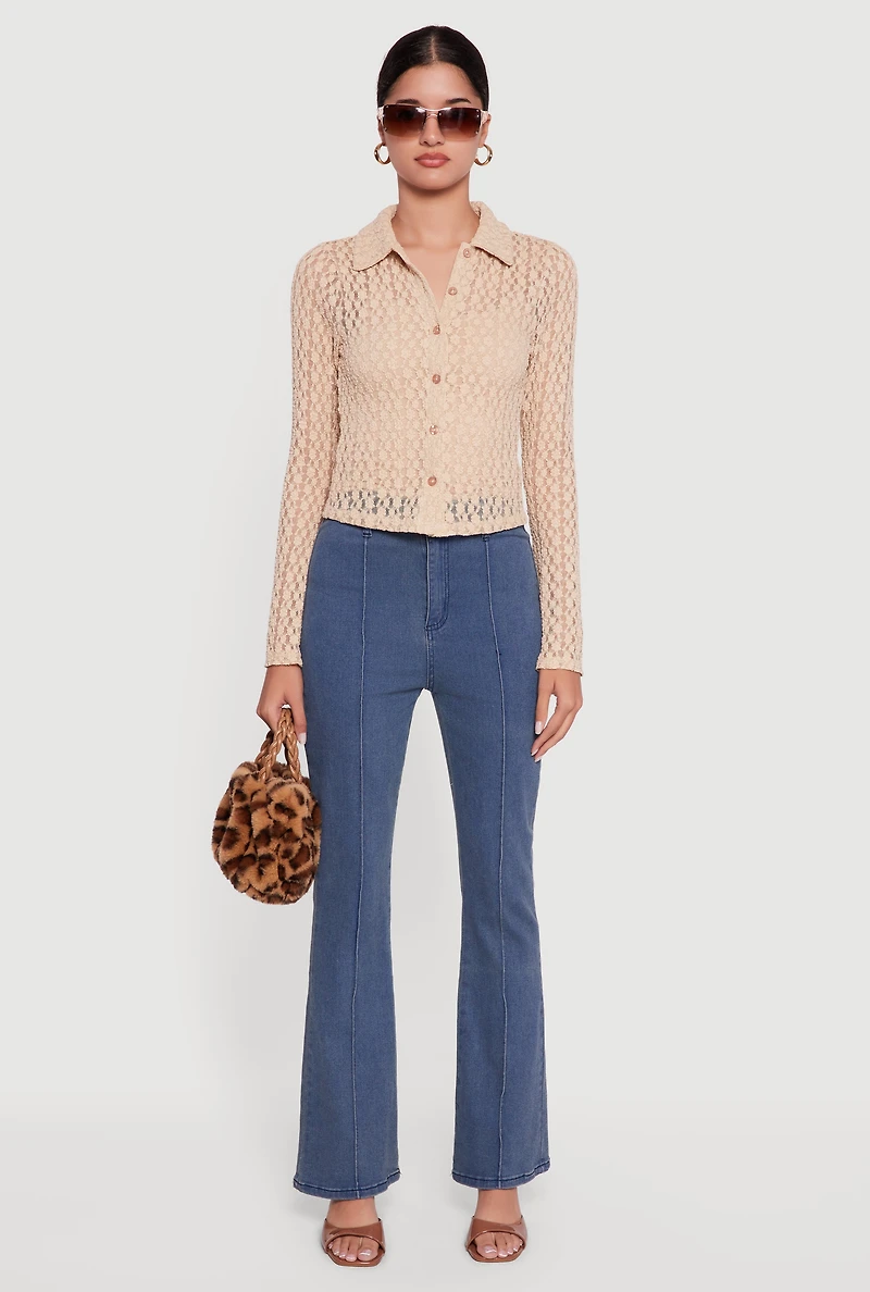 Long Sleeve Lace Button Front Blouse