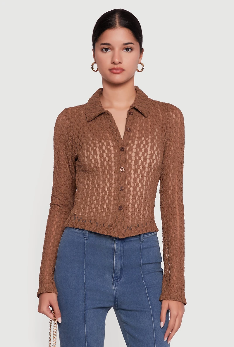 Womens Long Sleeve Lace Button Front Blouse, Brown, Size L