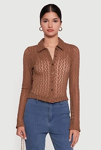 Womens Long Sleeve Lace Button Front Blouse, Brown, Size L