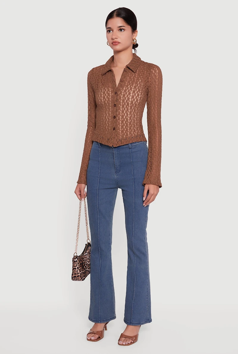 Womens Long Sleeve Lace Button Front Blouse, Brown, Size L