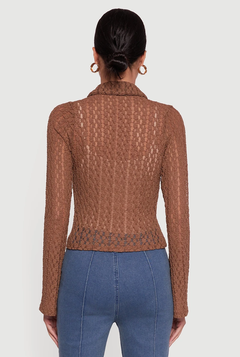 Womens Long Sleeve Lace Button Front Blouse, Brown, Size L