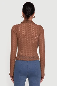 Womens Long Sleeve Lace Button Front Blouse, Brown, Size L