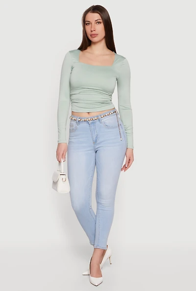 Square Neck Side Ruched Long Sleeve Blouse