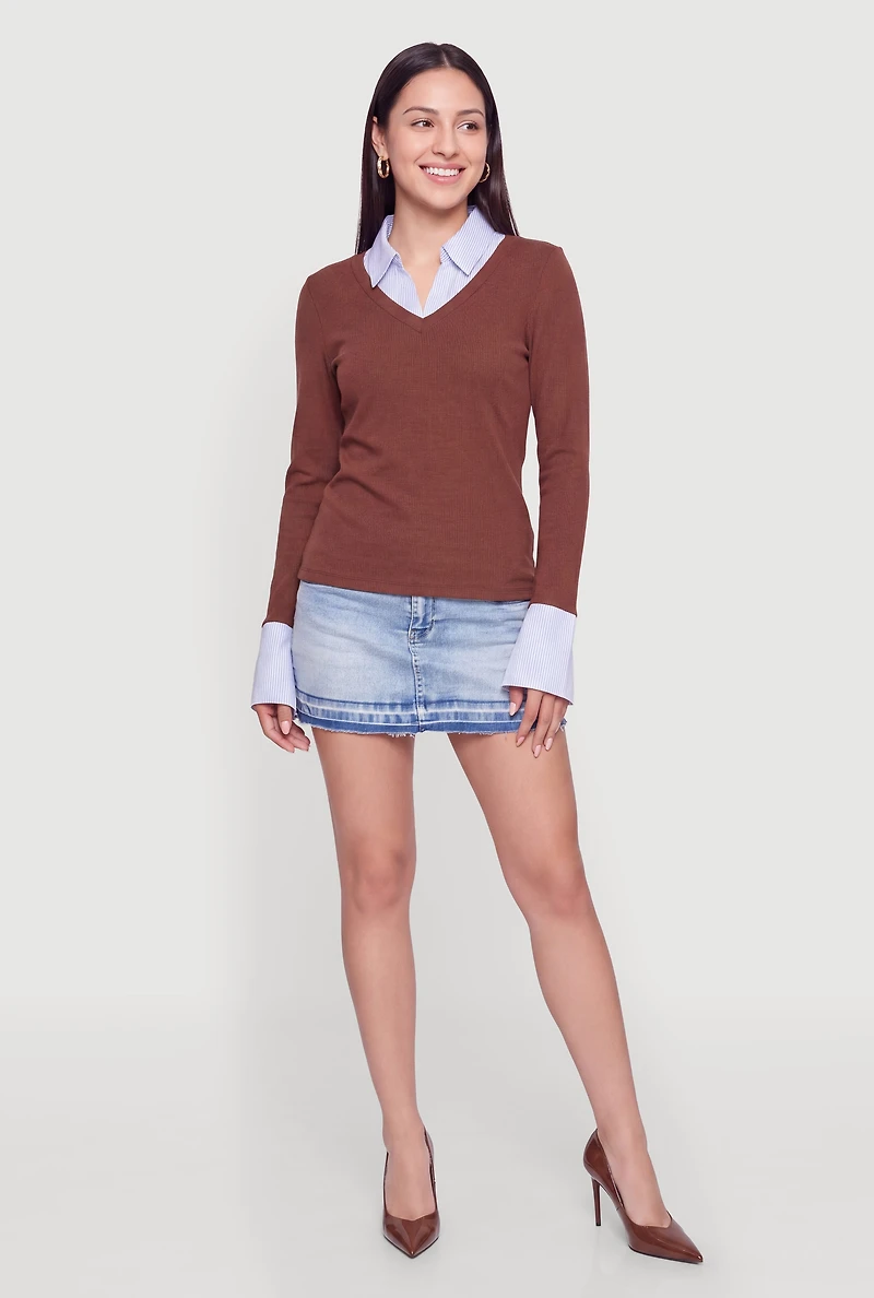 Striped Collar Layered Look Top