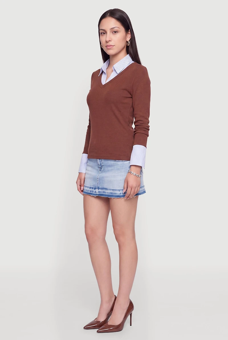 Striped Collar Layered Look Top
