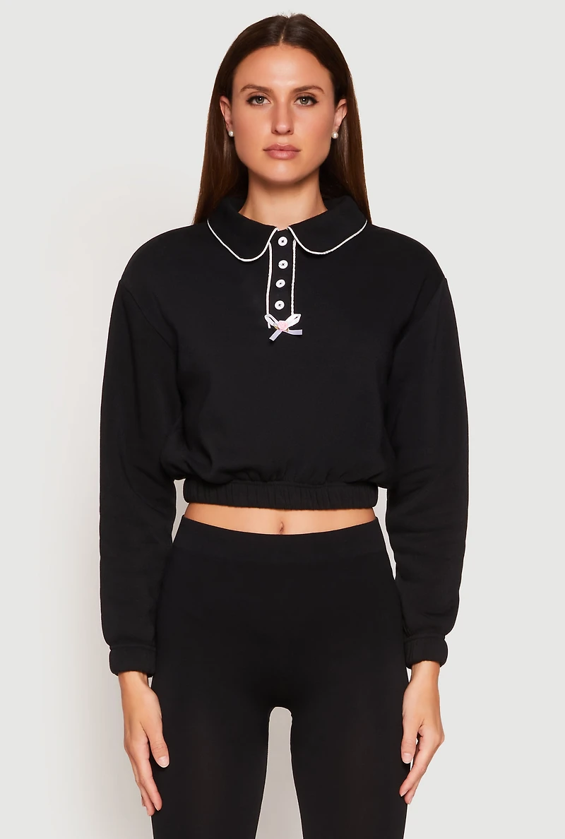 Contrast Trim Collared Cropped Sweatshirt