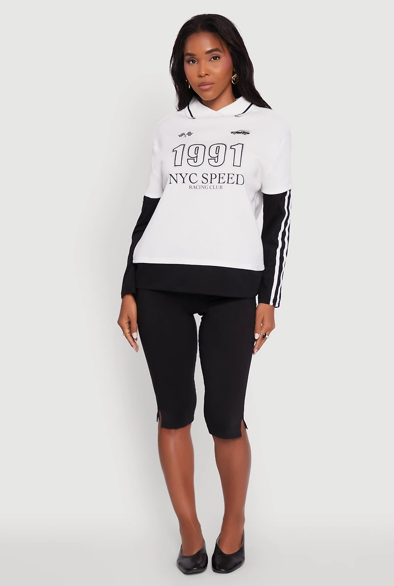 Womens Varsity Stripe Foil Screen Graphic Layered Look Sweater, Multi, Size S