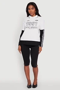 Womens Varsity Stripe Foil Screen Graphic Layered Look Sweater, Multi, Size S