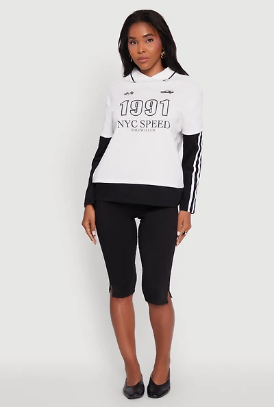 Womens Varsity Stripe Foil Screen Graphic Layered Look Sweater,