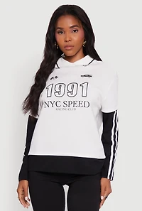 Womens Varsity Stripe Foil Screen Graphic Layered Look Sweater, Multi, Size S