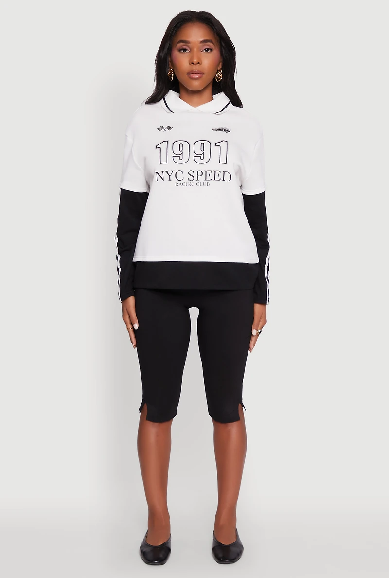 Womens Varsity Stripe Foil Screen Graphic Layered Look Sweater,