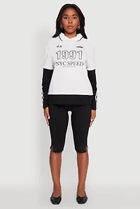 Womens Varsity Stripe Foil Screen Graphic Layered Look Sweater,