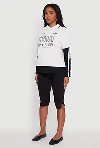 Womens Varsity Stripe Foil Screen Graphic Layered Look Sweater, Multi, Size S