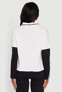 Womens Varsity Stripe Foil Screen Graphic Layered Look Sweater, Multi, Size S
